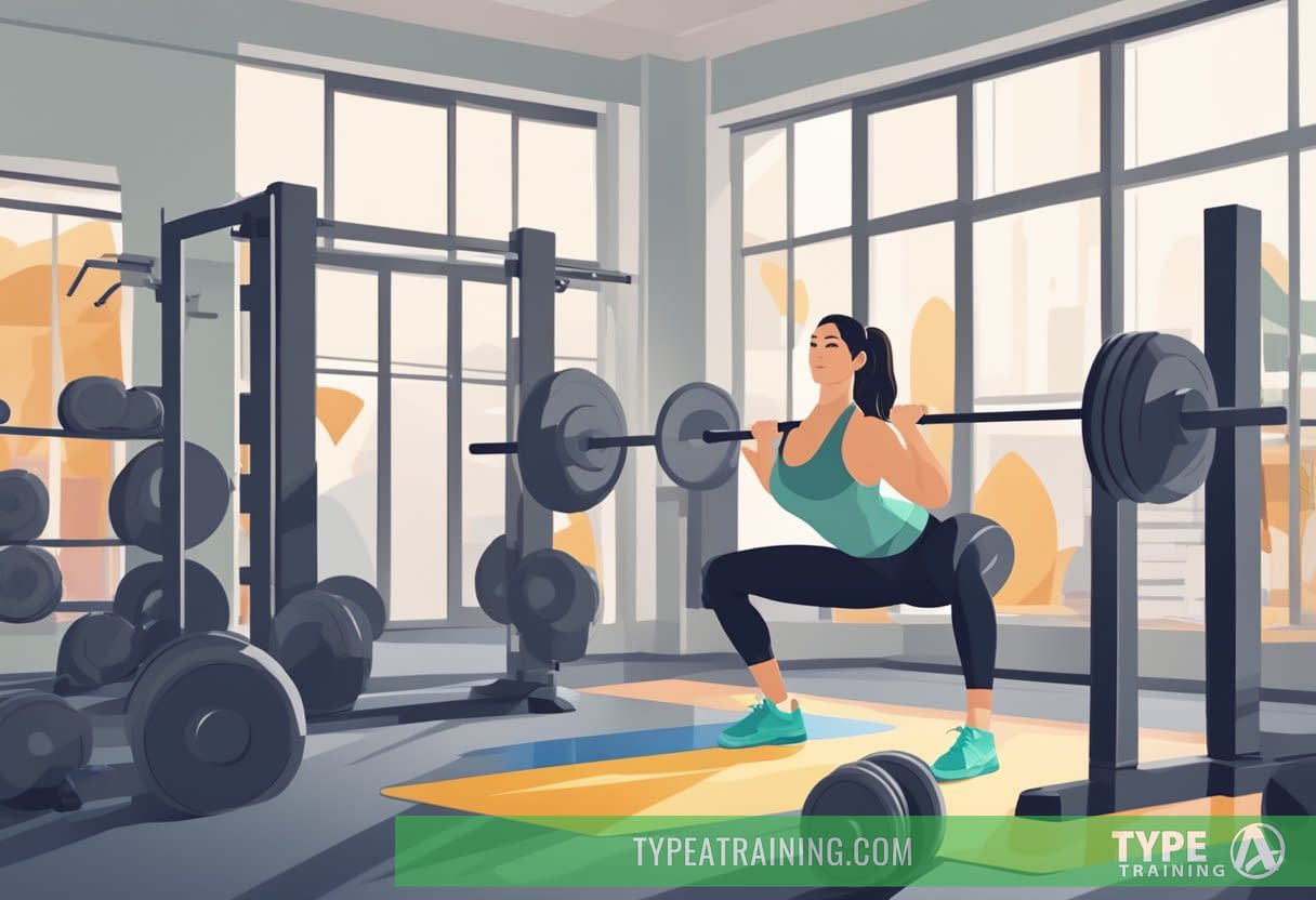 A woman lifting weights in a well-lit gym, surrounded by exercise equipment and motivational posters