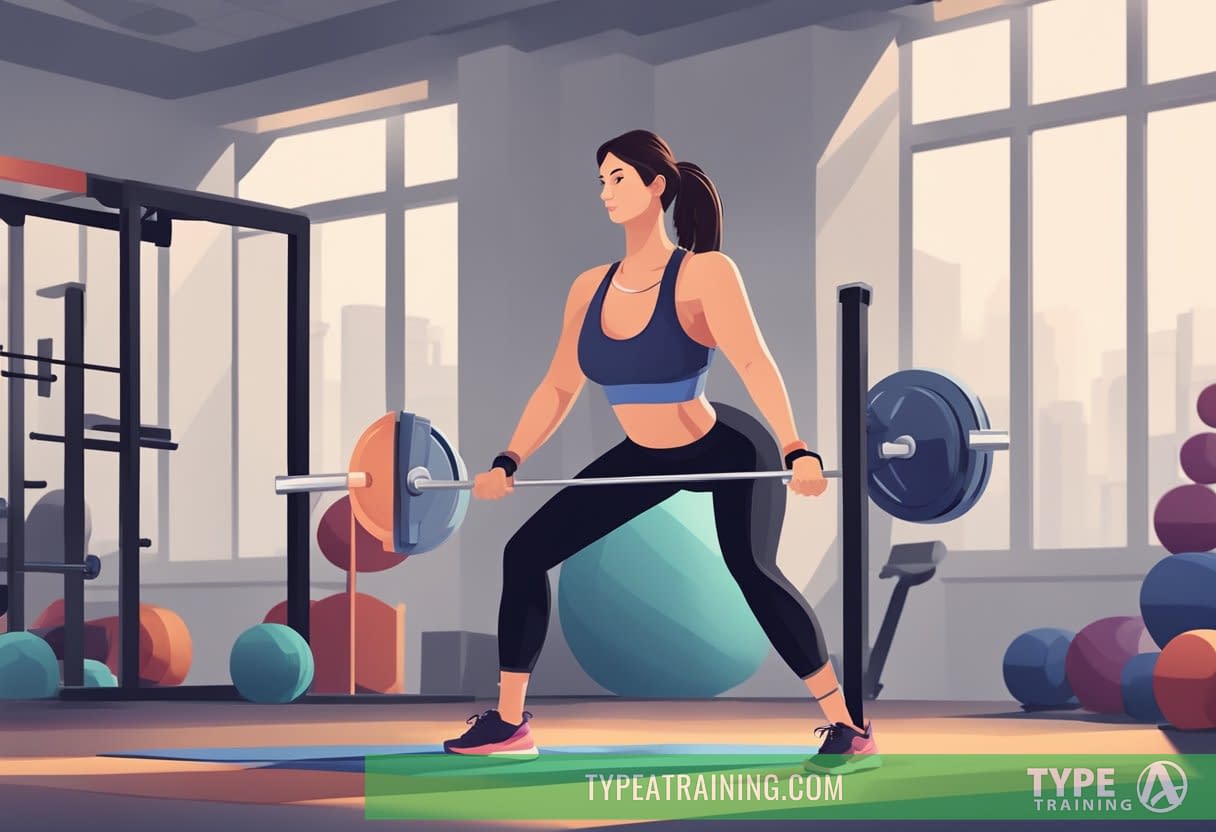 A woman lifting weights in a well-lit gym with proper form and posture, surrounded by exercise equipment and a supportive trainer