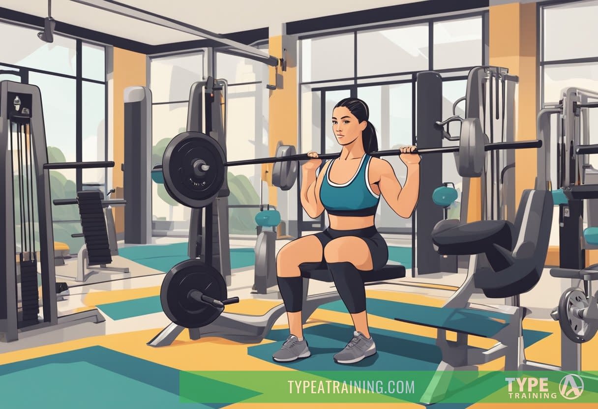 A woman lifting weights in a gym, surrounded by exercise equipment and motivational posters