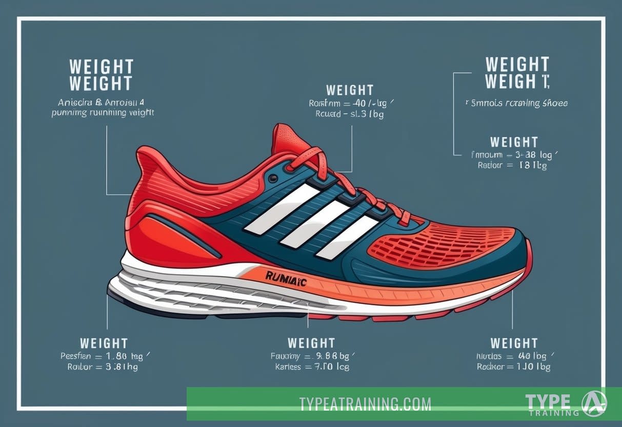 A running shoe with labeled weight terminology displayed