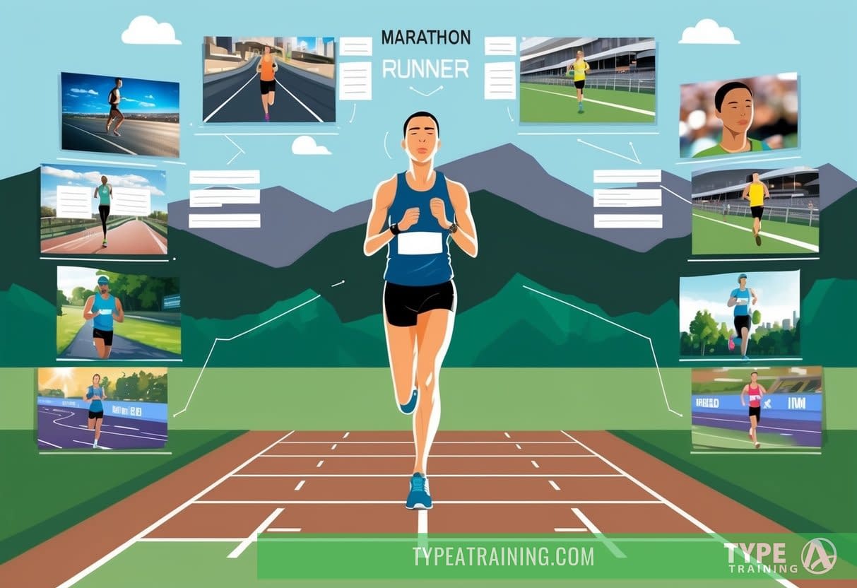 A marathon runner stands at the starting line, eyes closed, visualizing the race ahead. Surrounding them are images of their training, mental preparation, and race day strategies, all coming together to create a sense of focus and determination