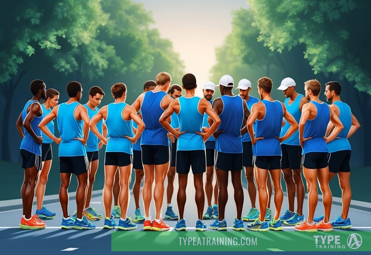 Marathon runners gather in a quiet, focused huddle, visualizing their race day strategies. The air is charged with determination and anticipation