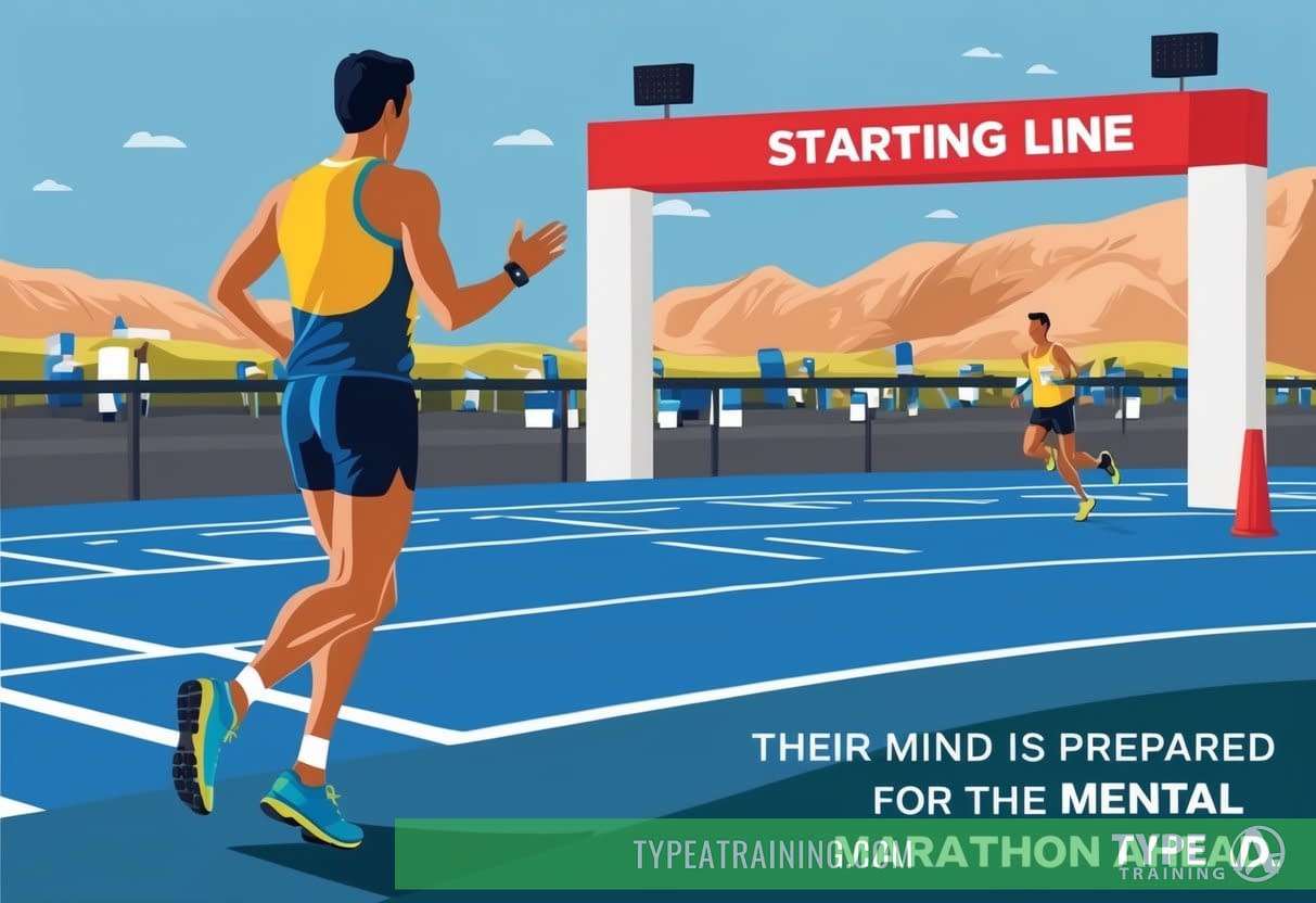A marathon runner stands at the starting line, visualizing the race ahead. Their mind is focused and prepared for the mental marathon ahead