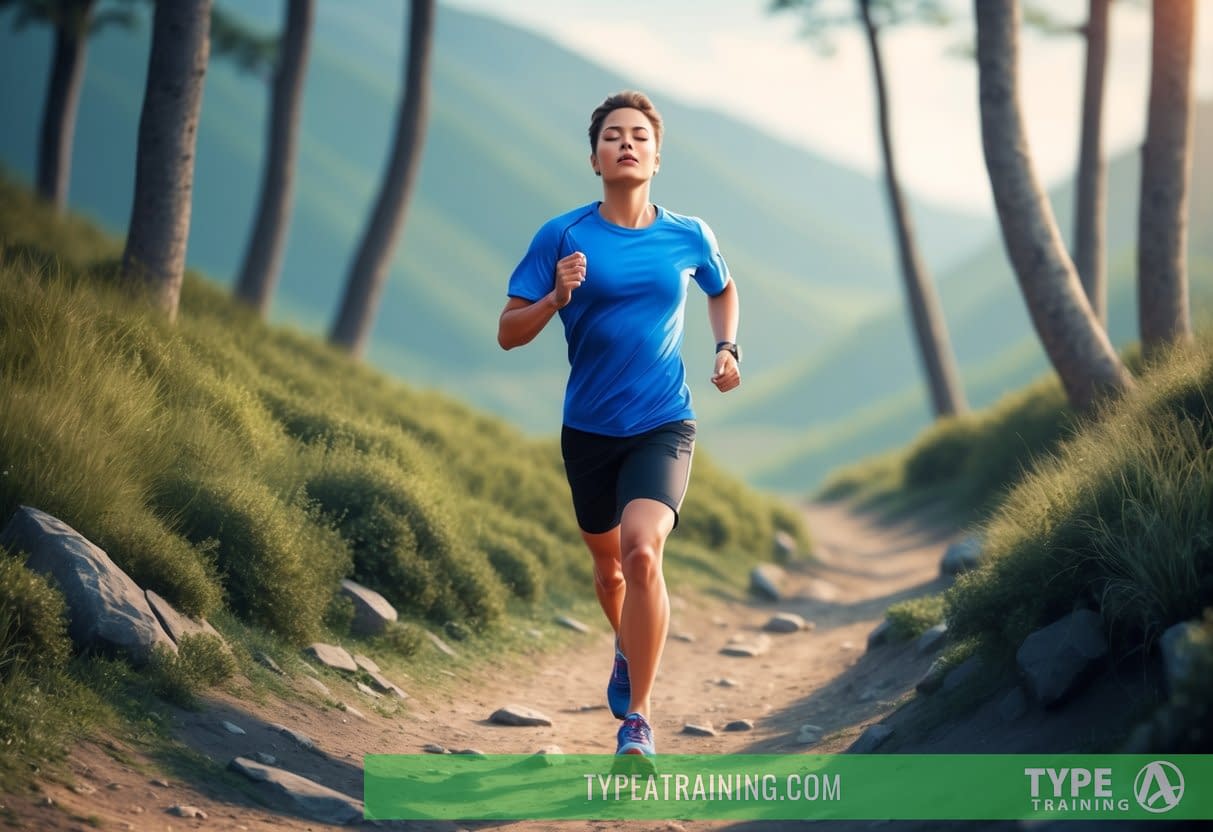 A runner on a trail, eyes closed, feeling the rhythm of their breath and the pounding of their heart. A sense of connection to the earth beneath their feet