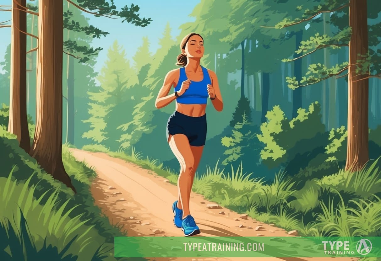 A runner on a trail, pausing to close their eyes and focus inward, surrounded by nature and feeling the rhythm of their own breath and heartbeat