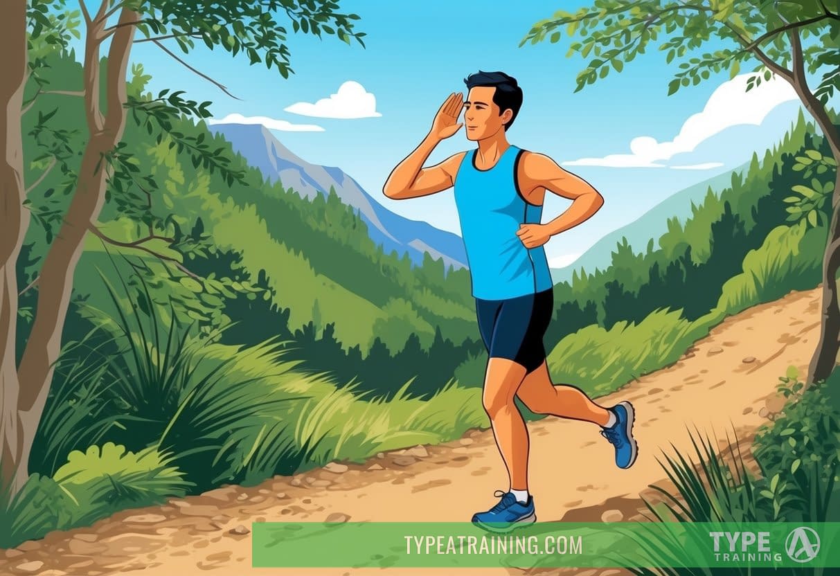 A runner on a trail, pausing to listen, with one hand cupped to their ear, surrounded by nature