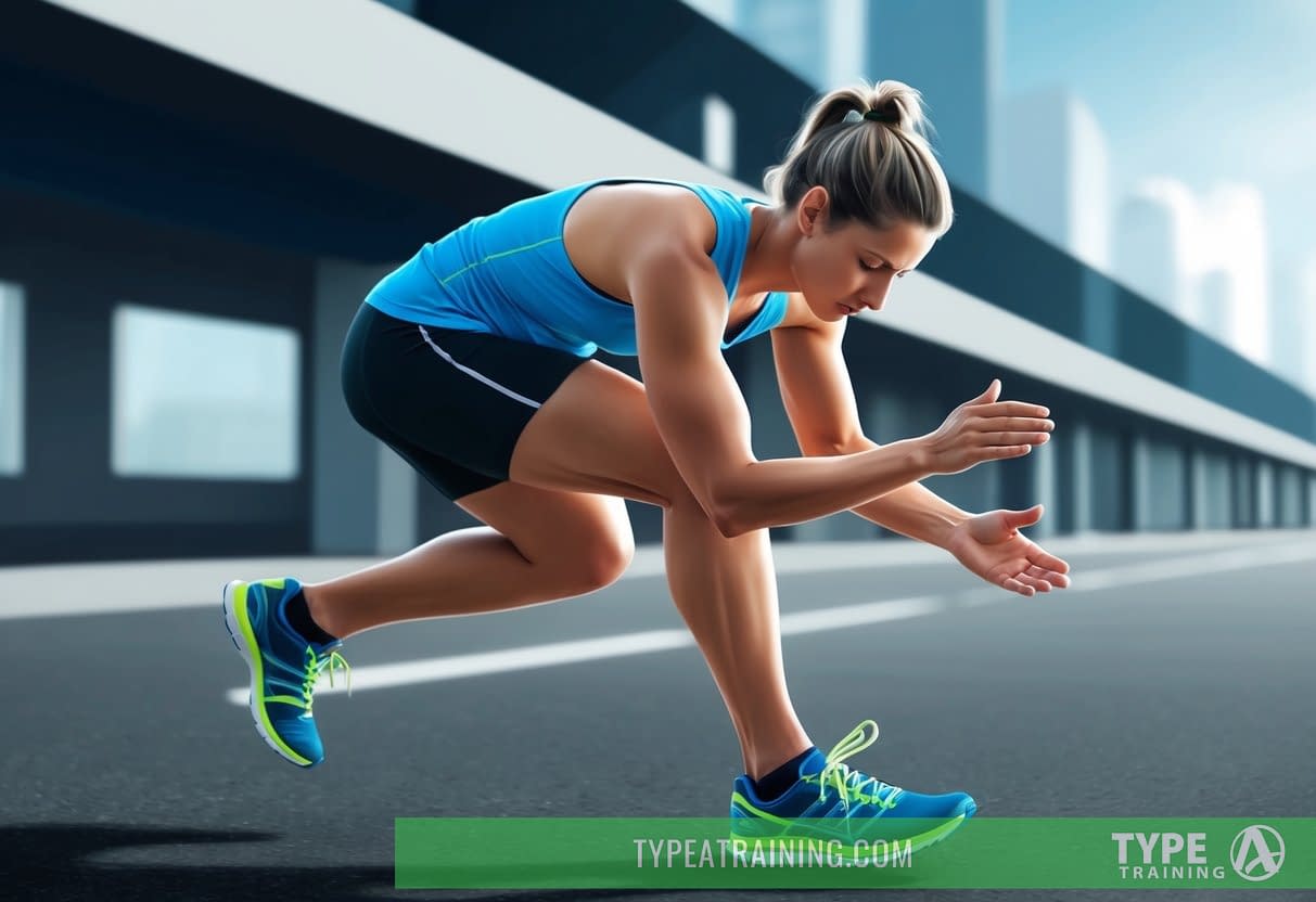 A runner pauses mid-stride, hand on aching calf, listening to their body's signals. They adjust their form, mindful of injury prevention