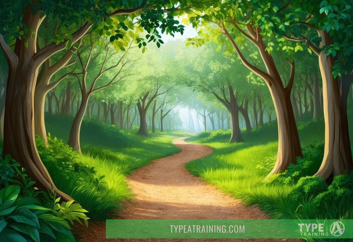 A lush forest trail winds through a sun-dappled grove, with soft dirt underfoot and a canopy of green leaves overhead