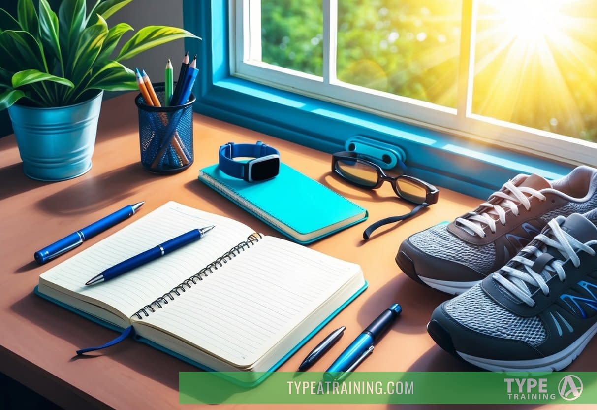 A cluttered desk with a pen, open notebook, and fitness tracker. A pair of running shoes sit nearby. Sunlight streams through a nearby window