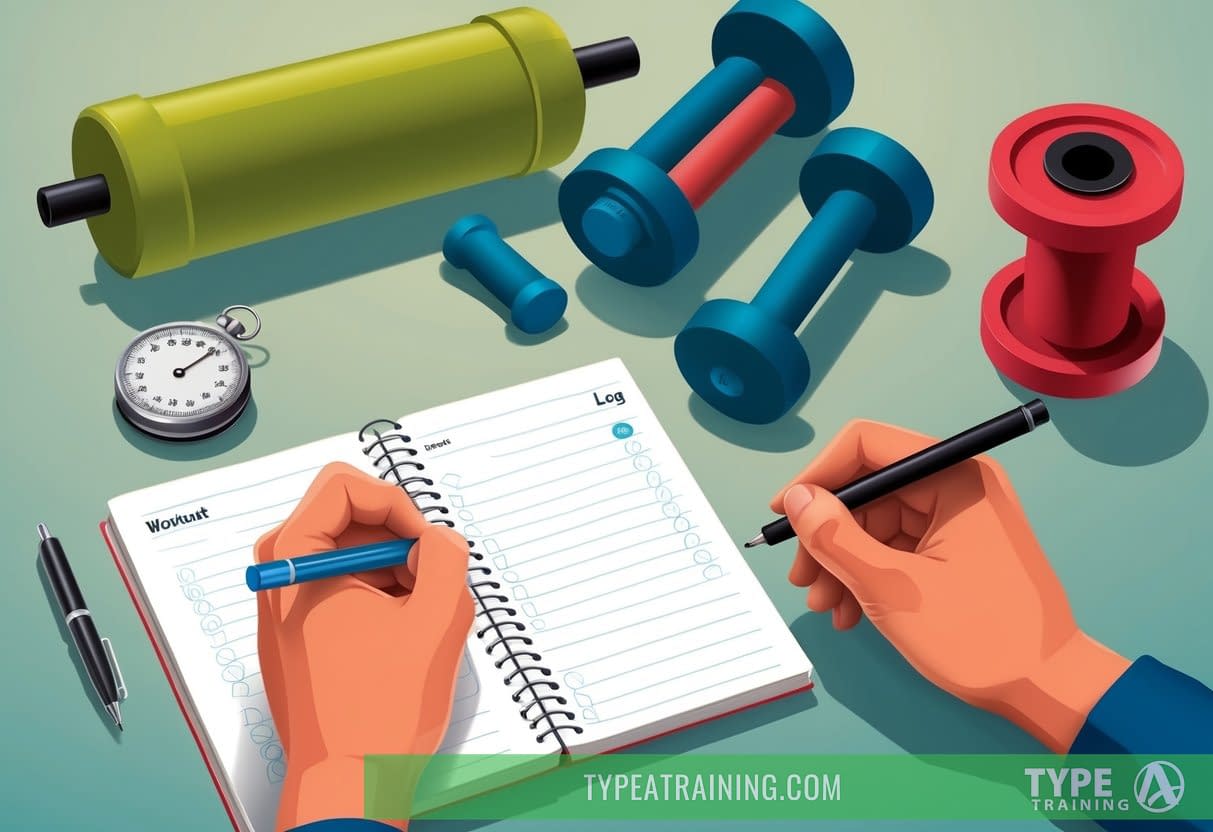A person writing in a workout log with various exercise equipment and a stopwatch nearby