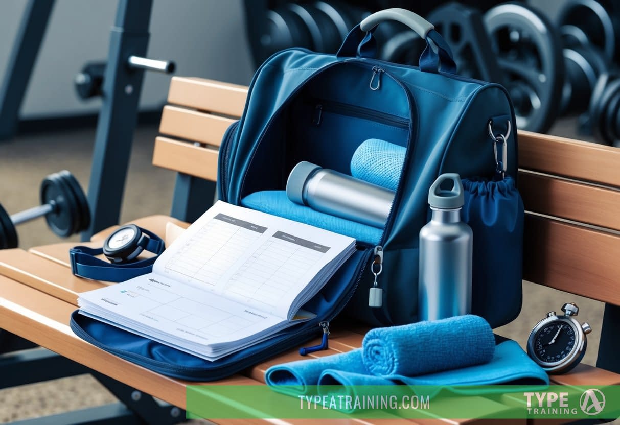 A gym bag open on a bench, spilling out a workout log, water bottle, and sweat towel. A stopwatch sits nearby, surrounded by scattered gym equipment