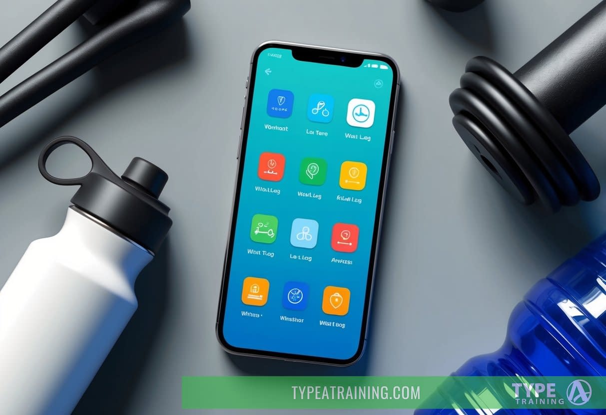 A sleek smartphone displaying various workout log app icons, surrounded by gym equipment and a water bottle