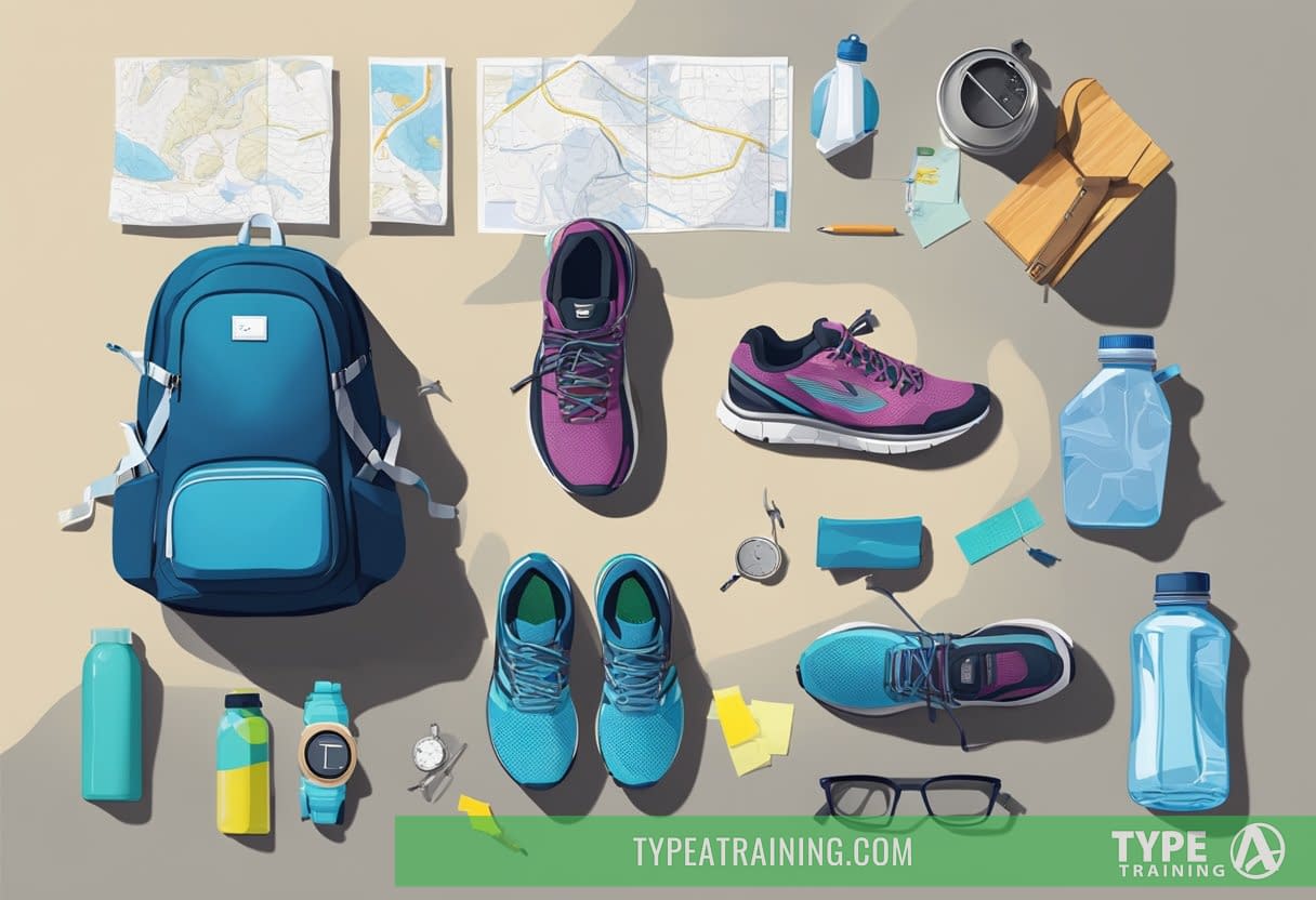 A person lays out running shoes, a backpack, and a map on a table, with a water bottle and a watch nearby