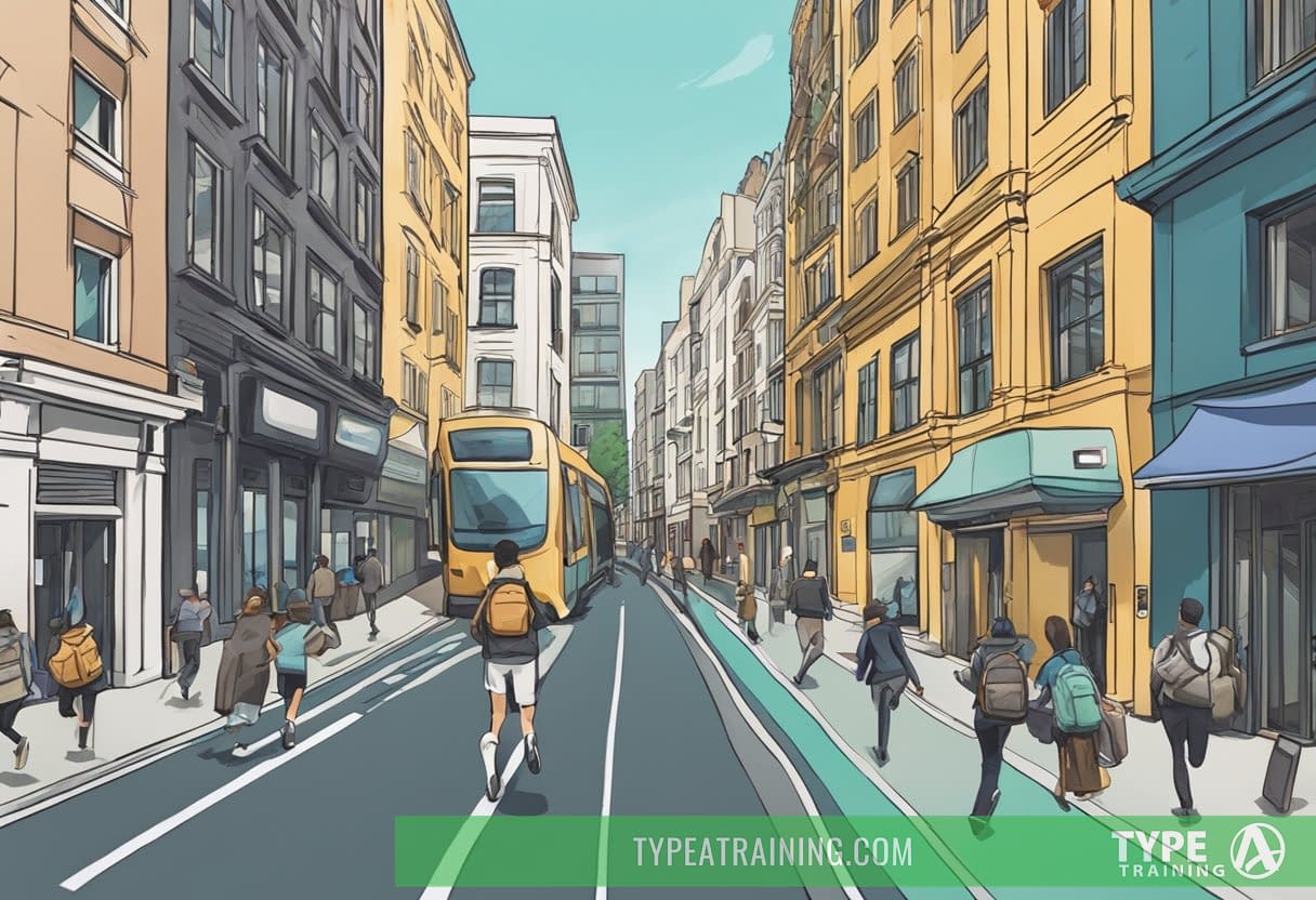 A person running with a backpack on a city street, passing by buildings and other commuters