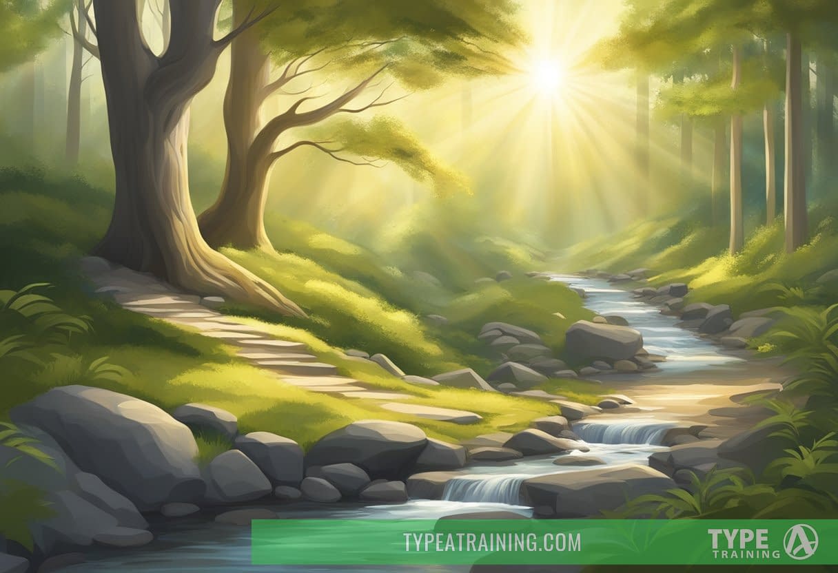 A serene nature scene with a winding path through a peaceful forest, sunlight filtering through the trees, and a clear, calming stream flowing alongside