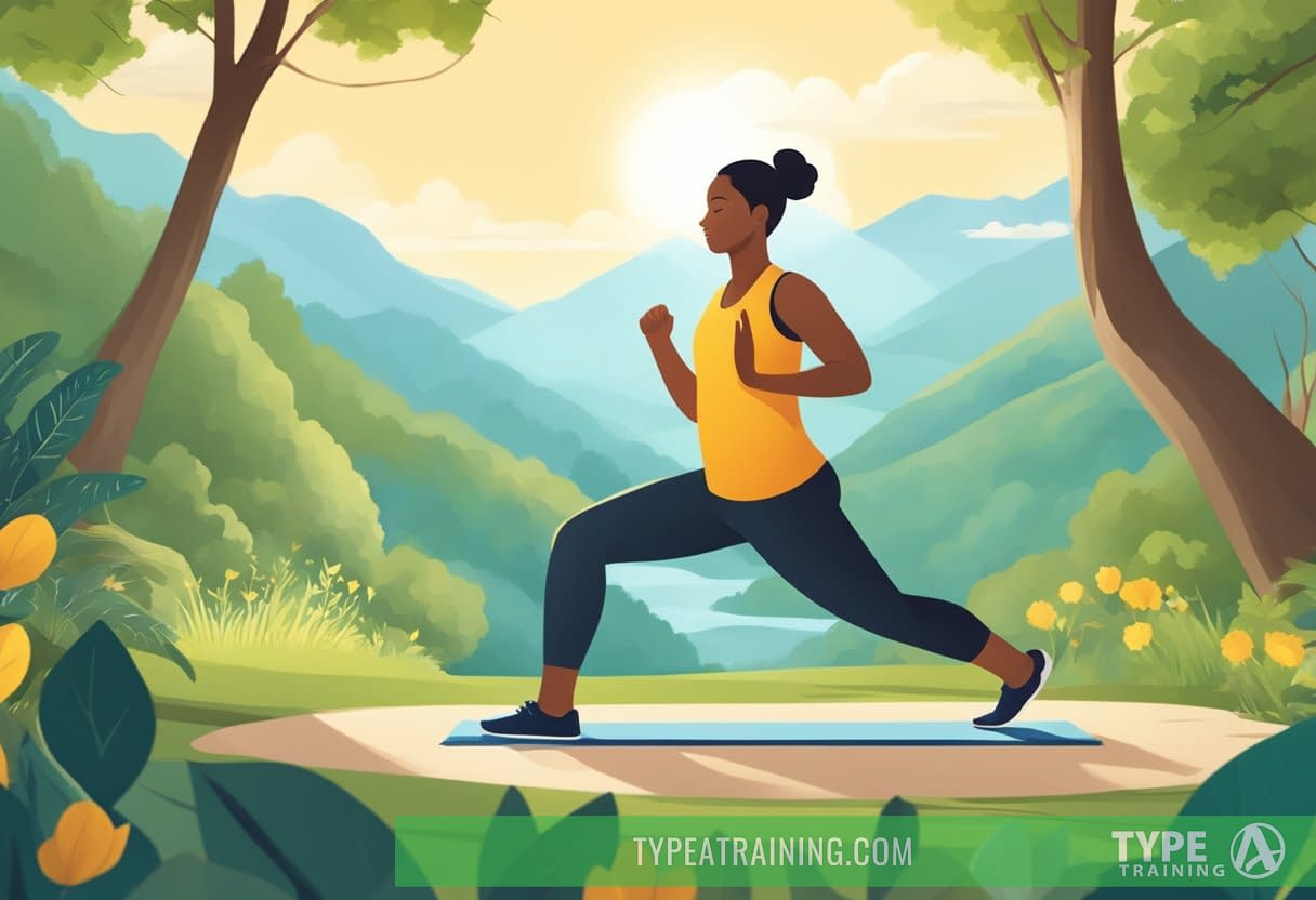 A person exercising in a peaceful outdoor setting, surrounded by nature and sunlight, engaging in activities such as yoga, running, or hiking