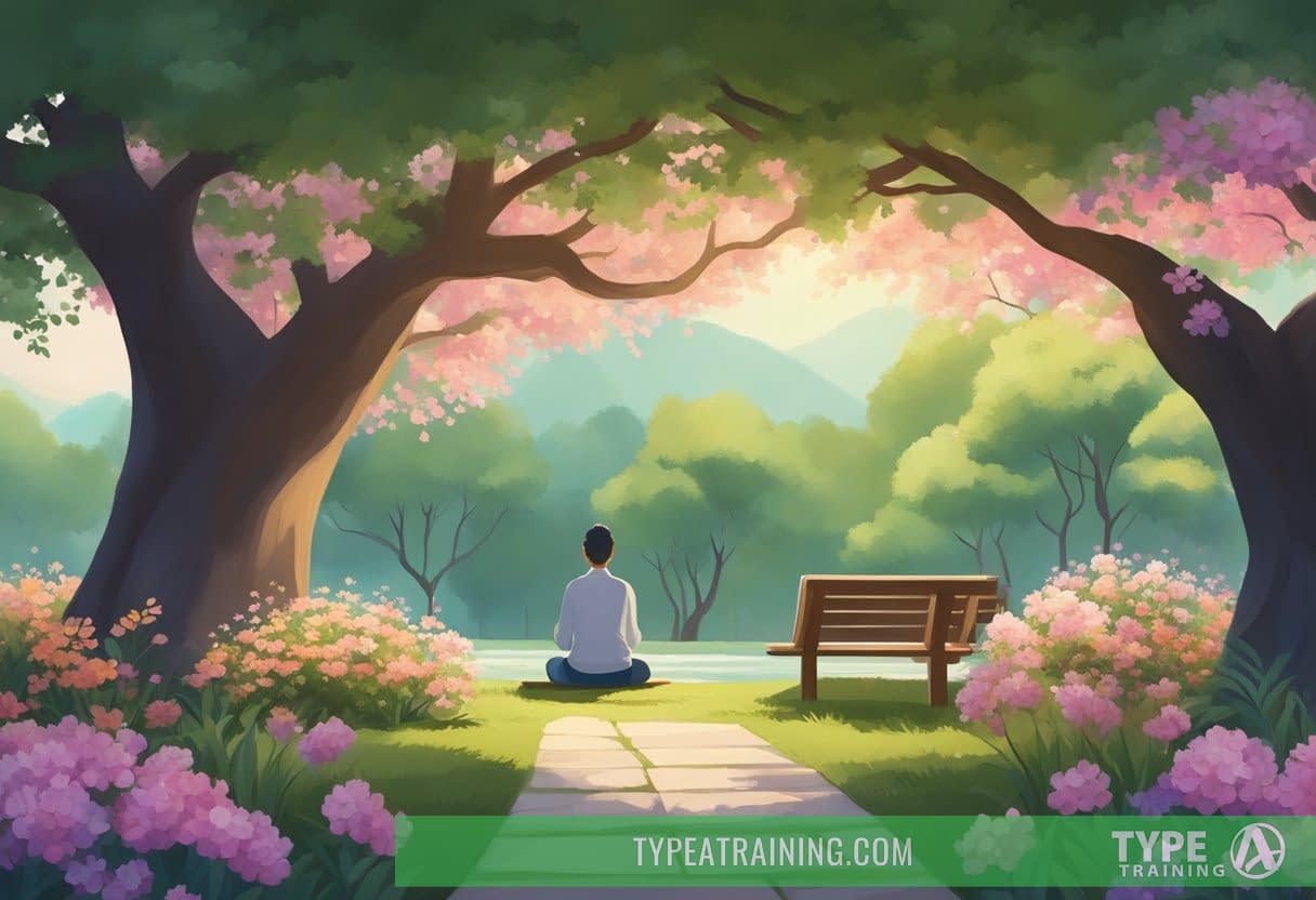 A tranquil garden with a person meditating under a tree, surrounded by blooming flowers and peaceful nature sounds