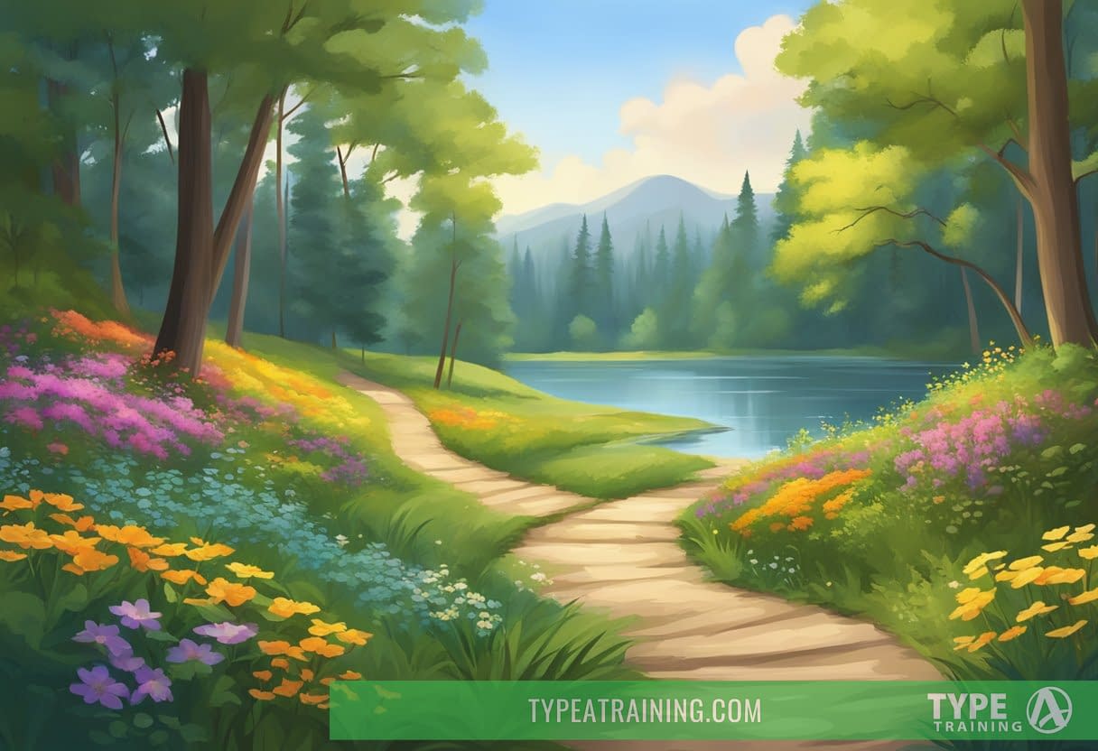 A serene nature scene with a winding path through a lush forest, leading to a tranquil lake surrounded by colorful wildflowers and tall trees