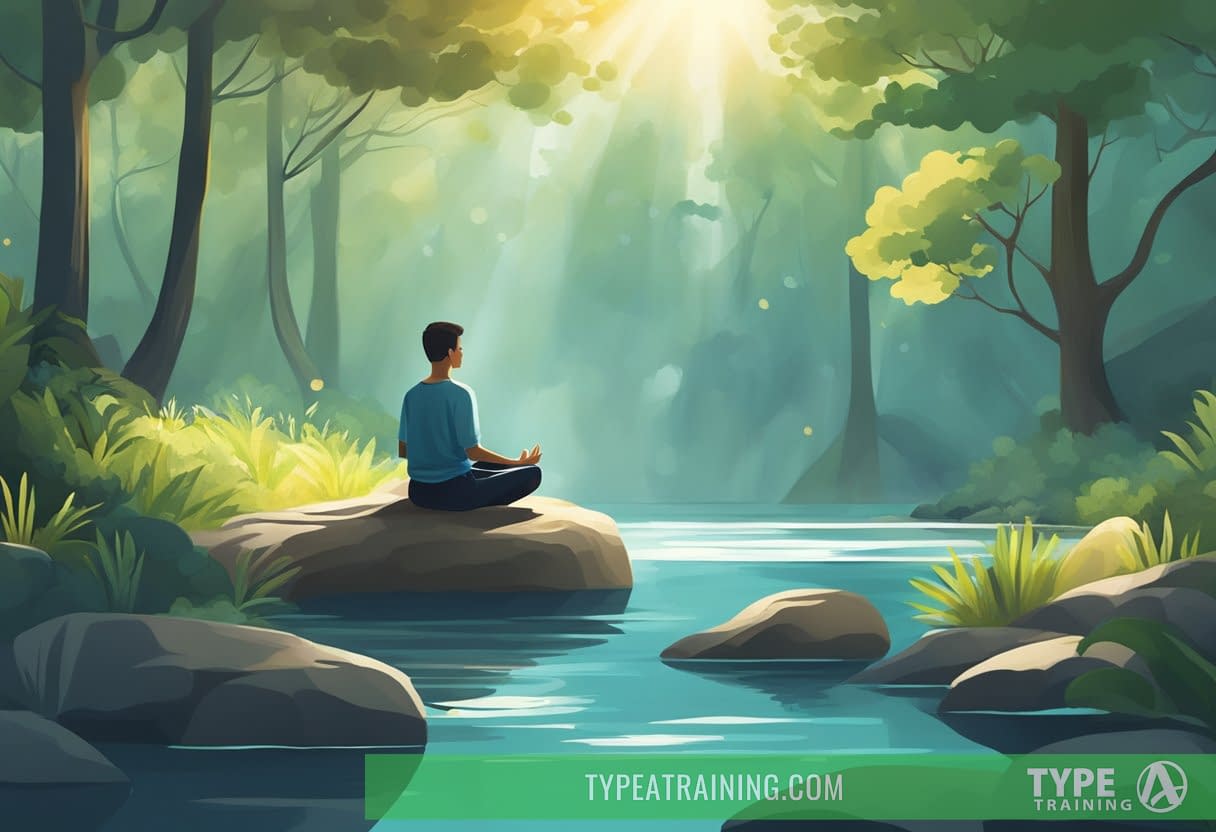 A serene nature scene with a person meditating, surrounded by calming elements like water, trees, and sunlight