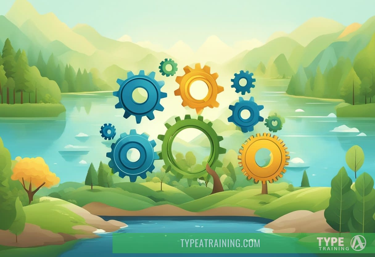 A group of interconnected gears symbolizing a support network, surrounded by calming nature scenes and healthy activities