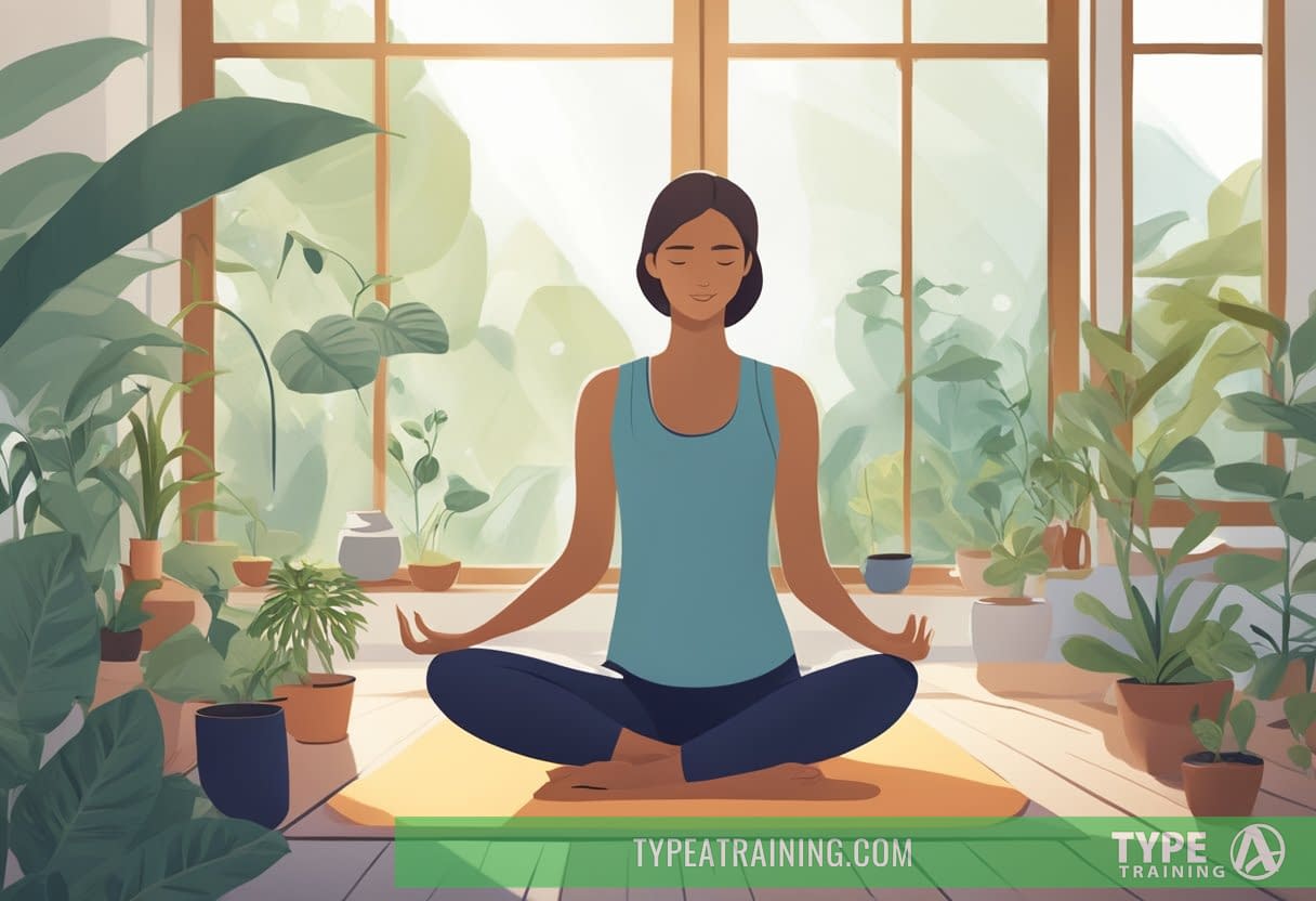 A serene morning scene with a person practicing yoga, surrounded by plants and natural light, while a journal and cup of tea sit nearby