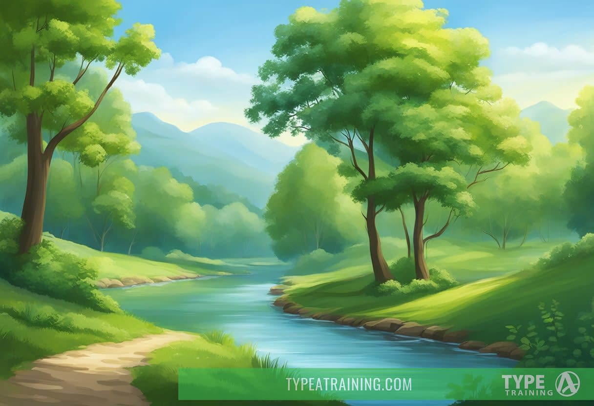A serene nature scene with a winding river, lush green trees, and a bright blue sky, conveying a sense of calm and peace