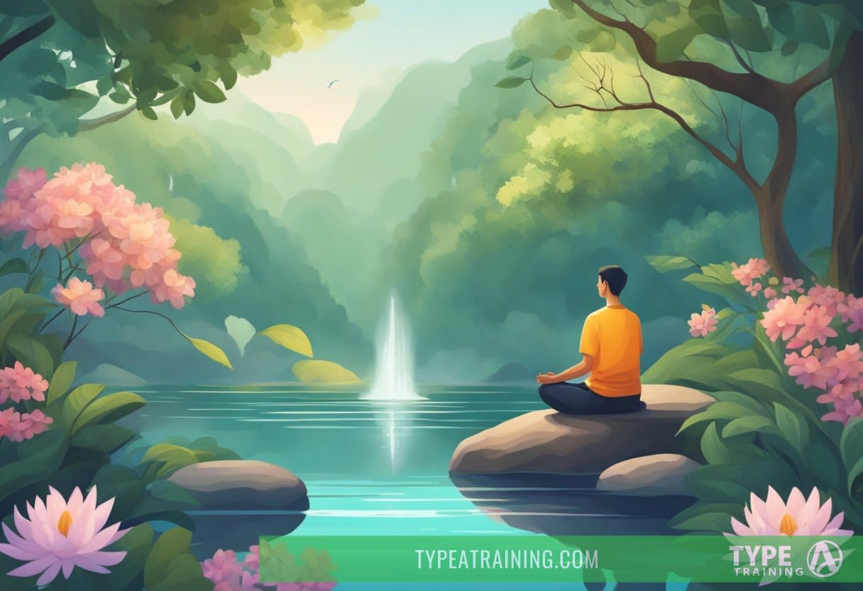 A serene nature scene with a person meditating, surrounded by calming elements like water, trees, and flowers