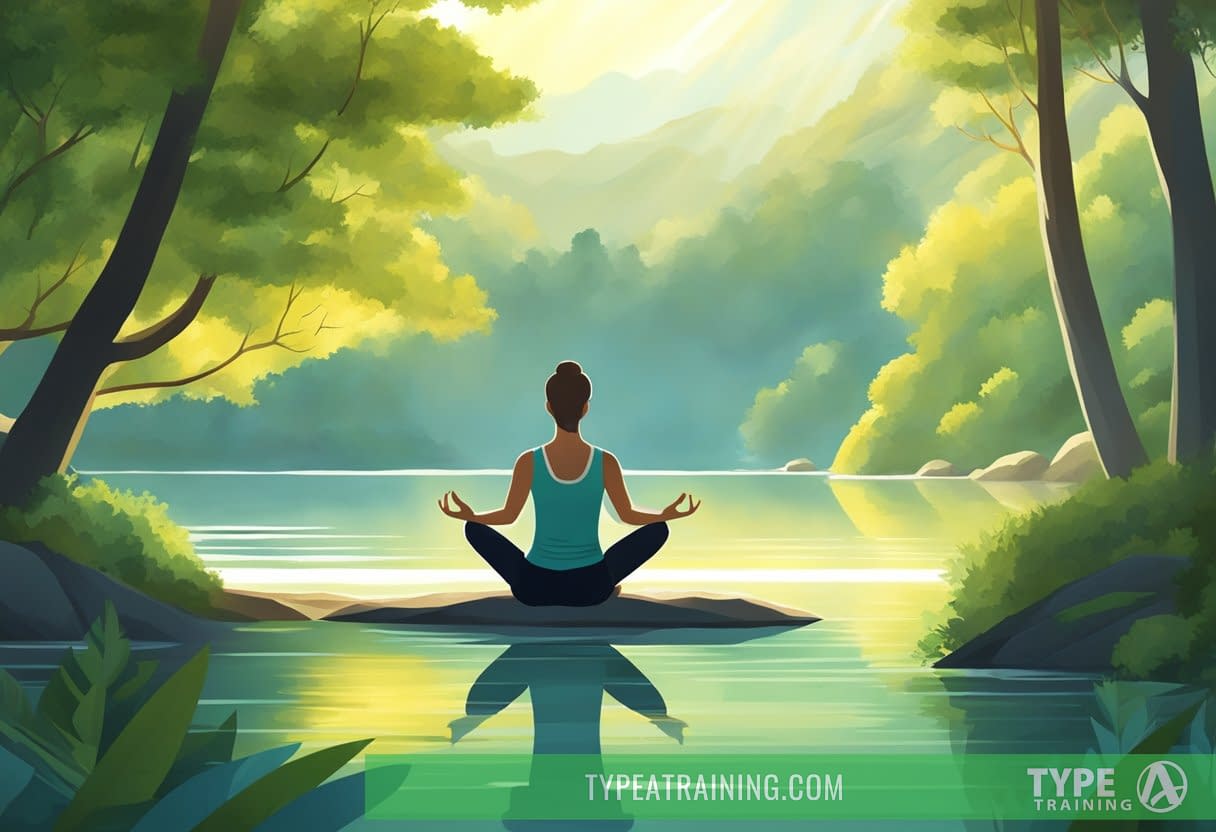 A serene nature scene with a person practicing yoga, surrounded by greenery and calm water, with sunlight streaming through the trees