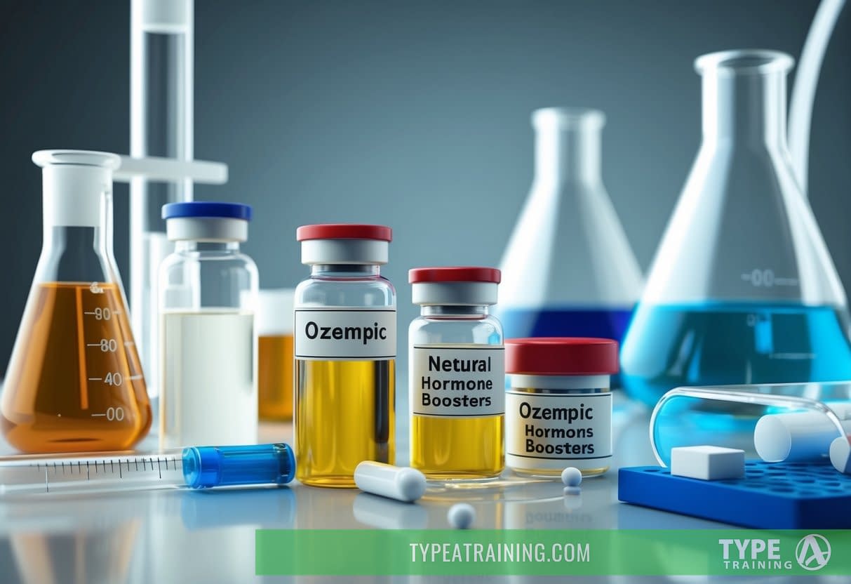 A laboratory setting with vials of Ozempic and natural hormone boosters, alongside scientific equipment and research materials