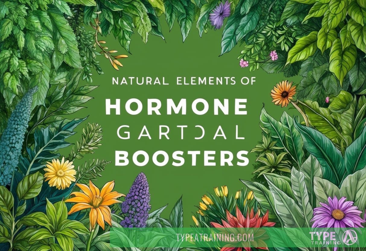 A vibrant, green and leafy botanical garden with various plants and flowers, showcasing the natural elements of hormone boosters