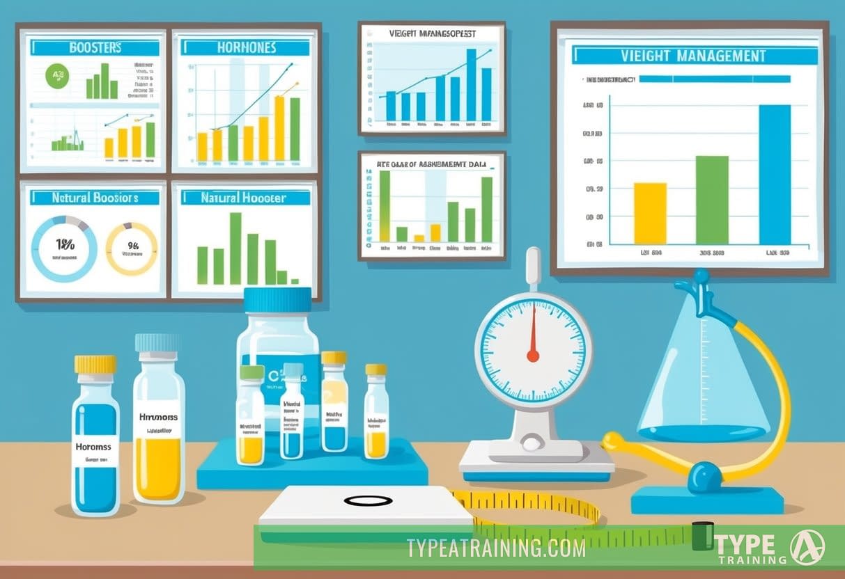 A laboratory setting with vials of hormones and natural boosters, alongside a scale and measuring tape. Charts and graphs displaying weight management data cover the walls