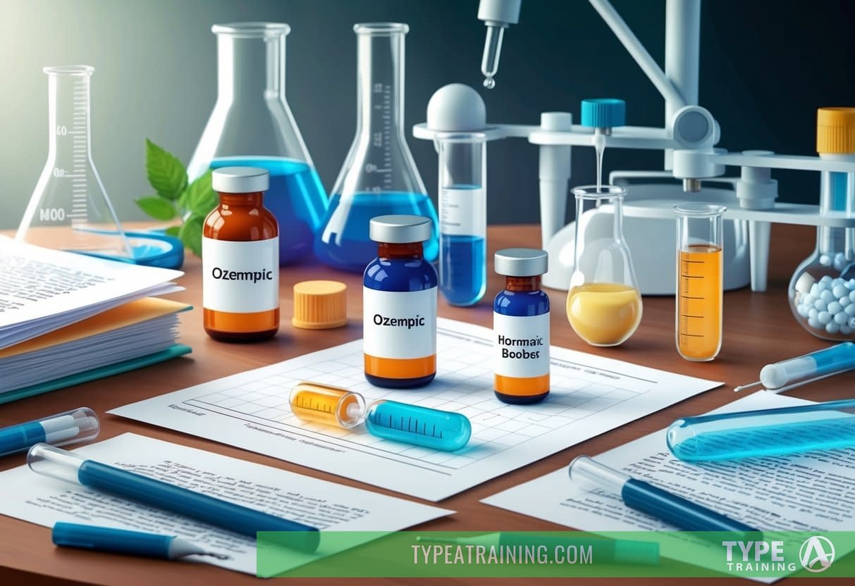 A laboratory table with vials of Ozempic and natural hormone boosters, surrounded by scientific equipment and research papers