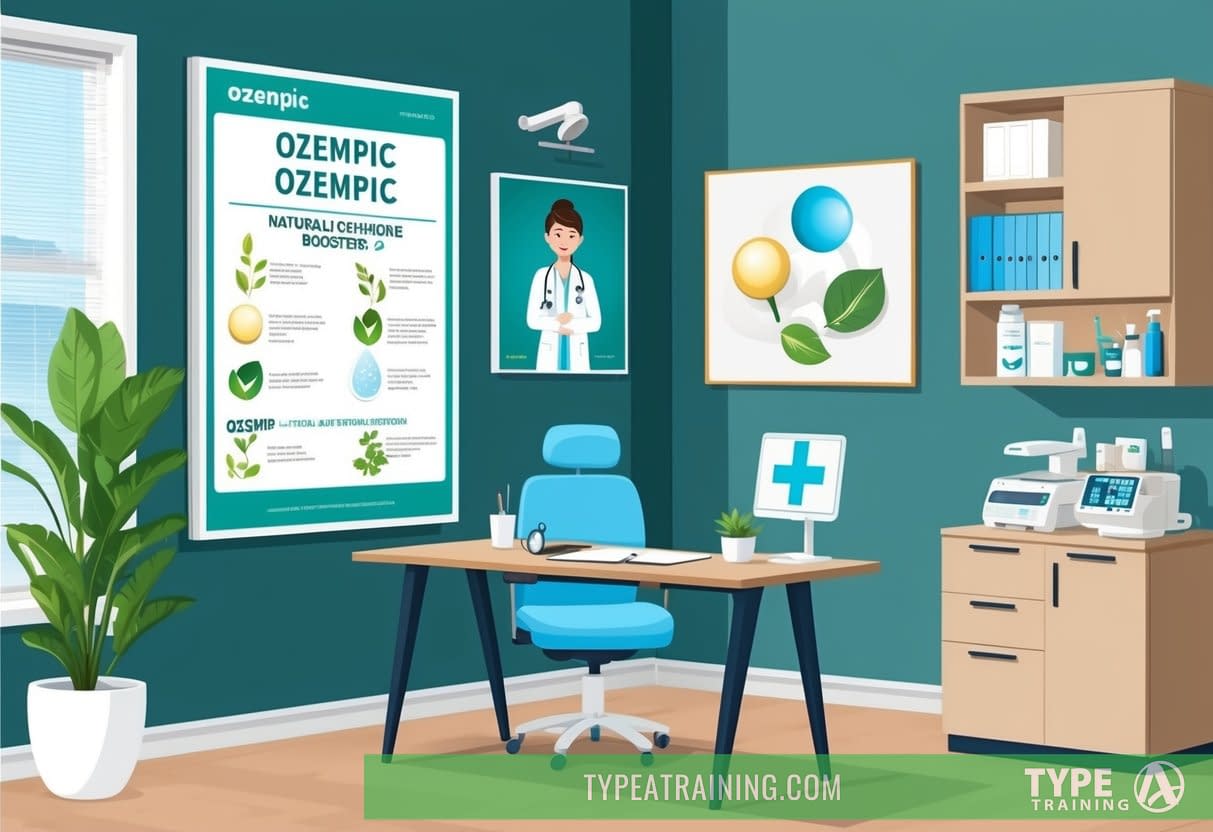 A doctor's office with a desk, chair, and medical equipment. A poster compares Ozempic and natural hormone boosters