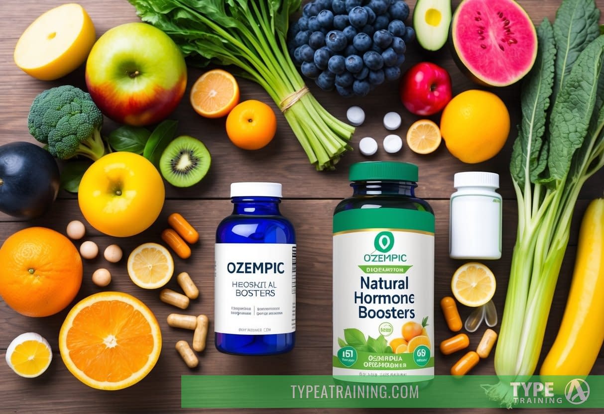 A table with a variety of colorful fruits, vegetables, and supplements arranged neatly next to a bottle of Ozempic and natural hormone boosters