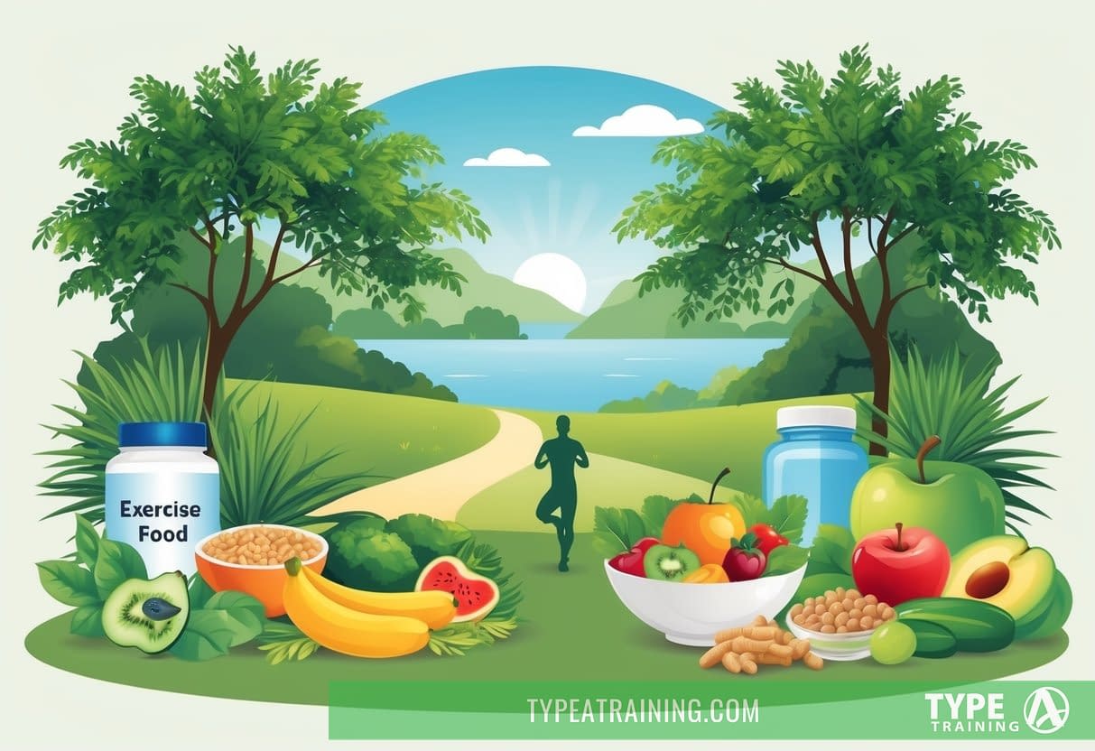 A serene, natural setting with a variety of healthy lifestyle elements such as exercise, nutritious food, and natural supplements