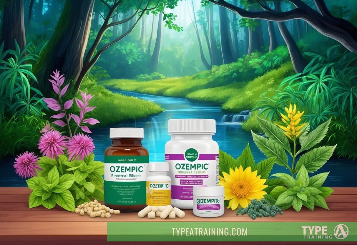 A serene forest with a clear stream, surrounded by vibrant plants and natural remedies. A bottle of Ozempic and various hormone-boosting supplements are displayed on a wooden table