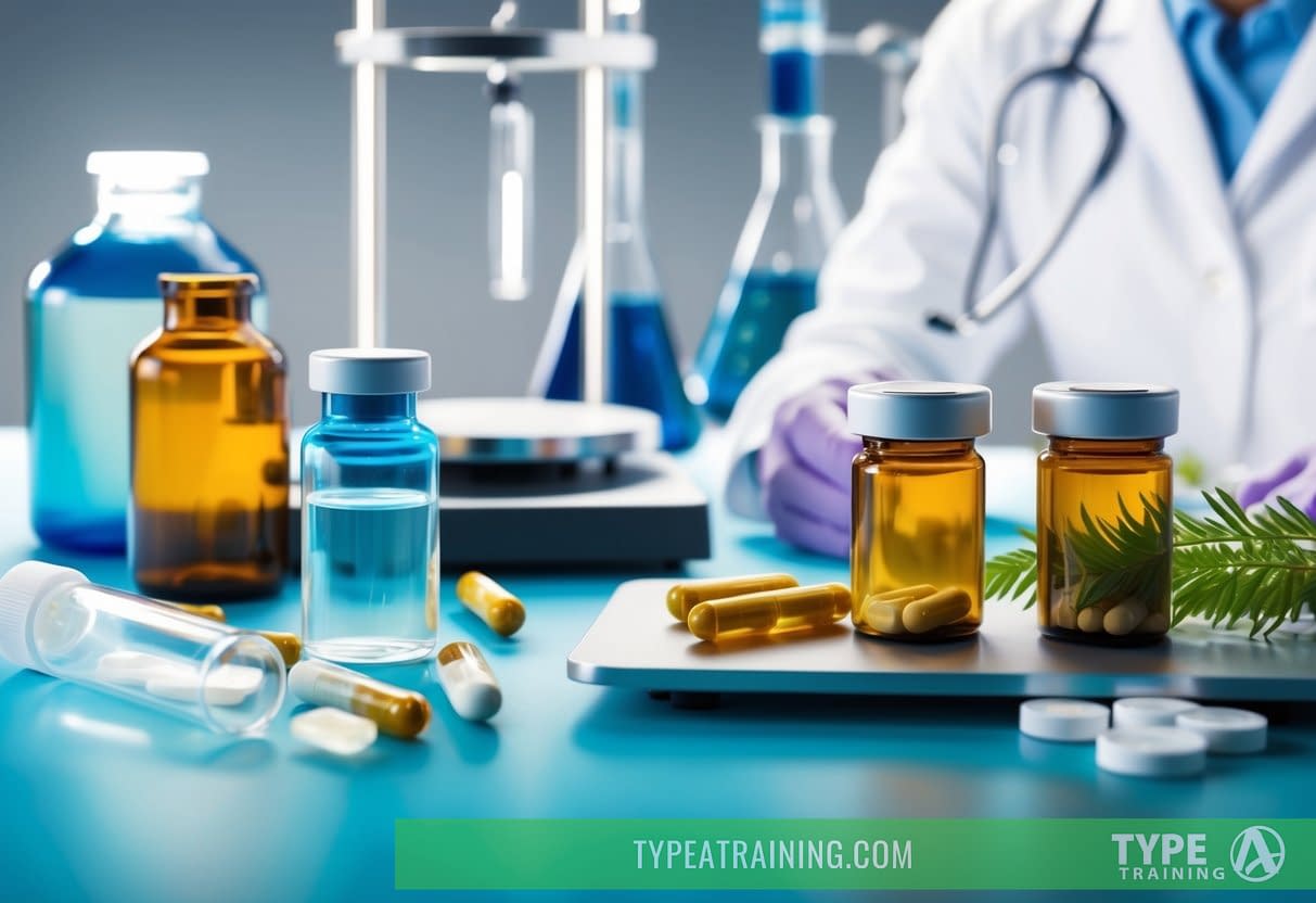 A laboratory setting with vials of medication and natural supplements on a table, with a scale and scientific equipment in the background
