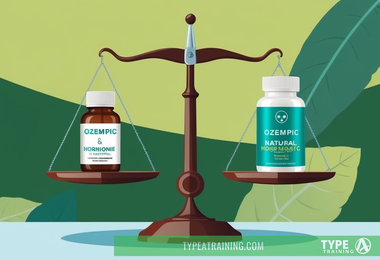 A scale balancing a bottle of Ozempic and natural hormone boosters