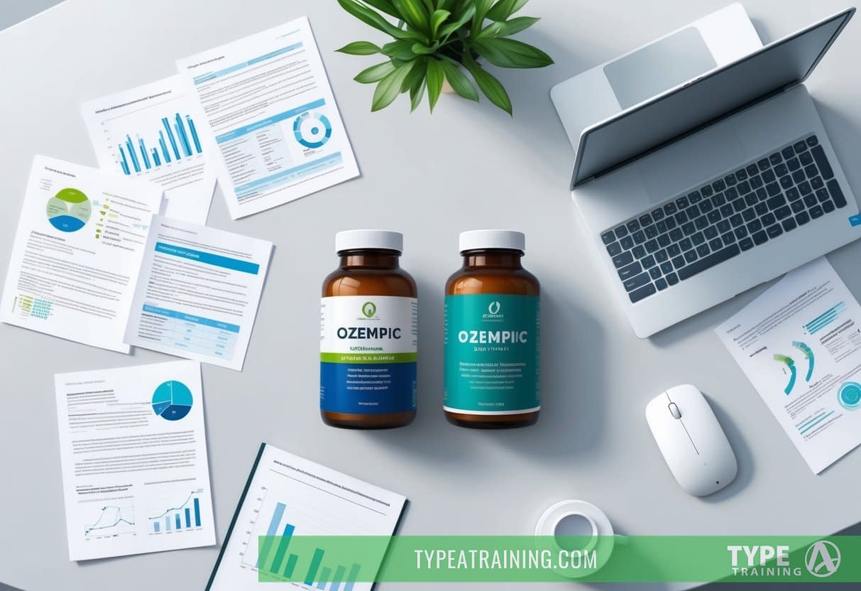 A bottle of Ozempic and natural hormone boosters side by side on a clean, modern table, surrounded by scientific research papers and a computer