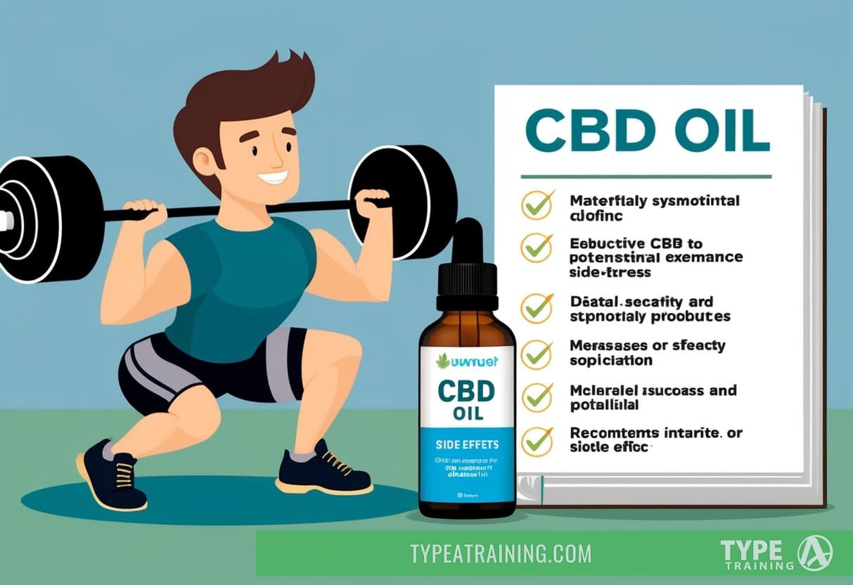 A person lifting weights with a bottle of CBD oil and a list of potential side effects in the background