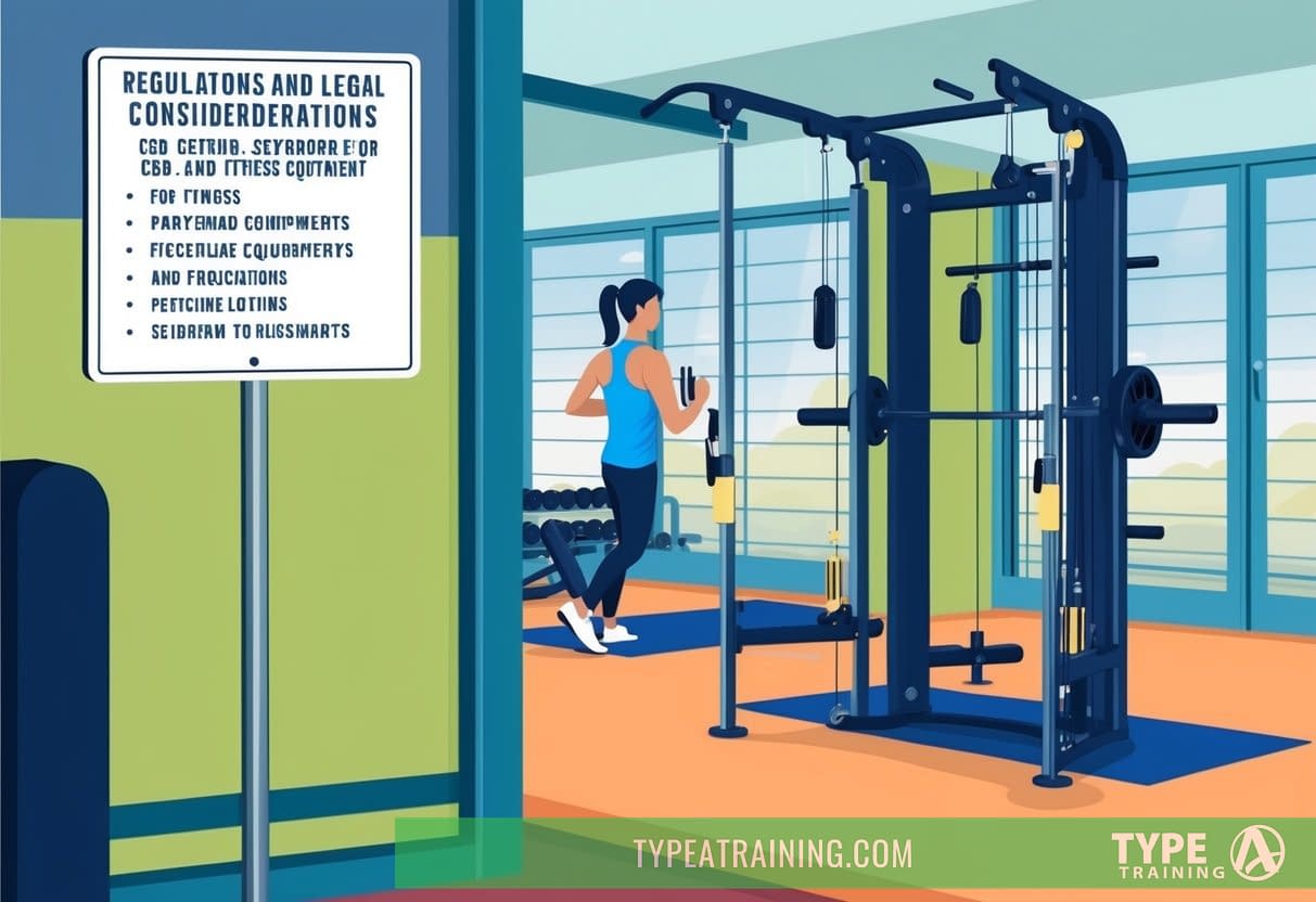 A gym with a sign listing regulations and legal considerations for CBD. Fitness equipment and a person exercising in the background