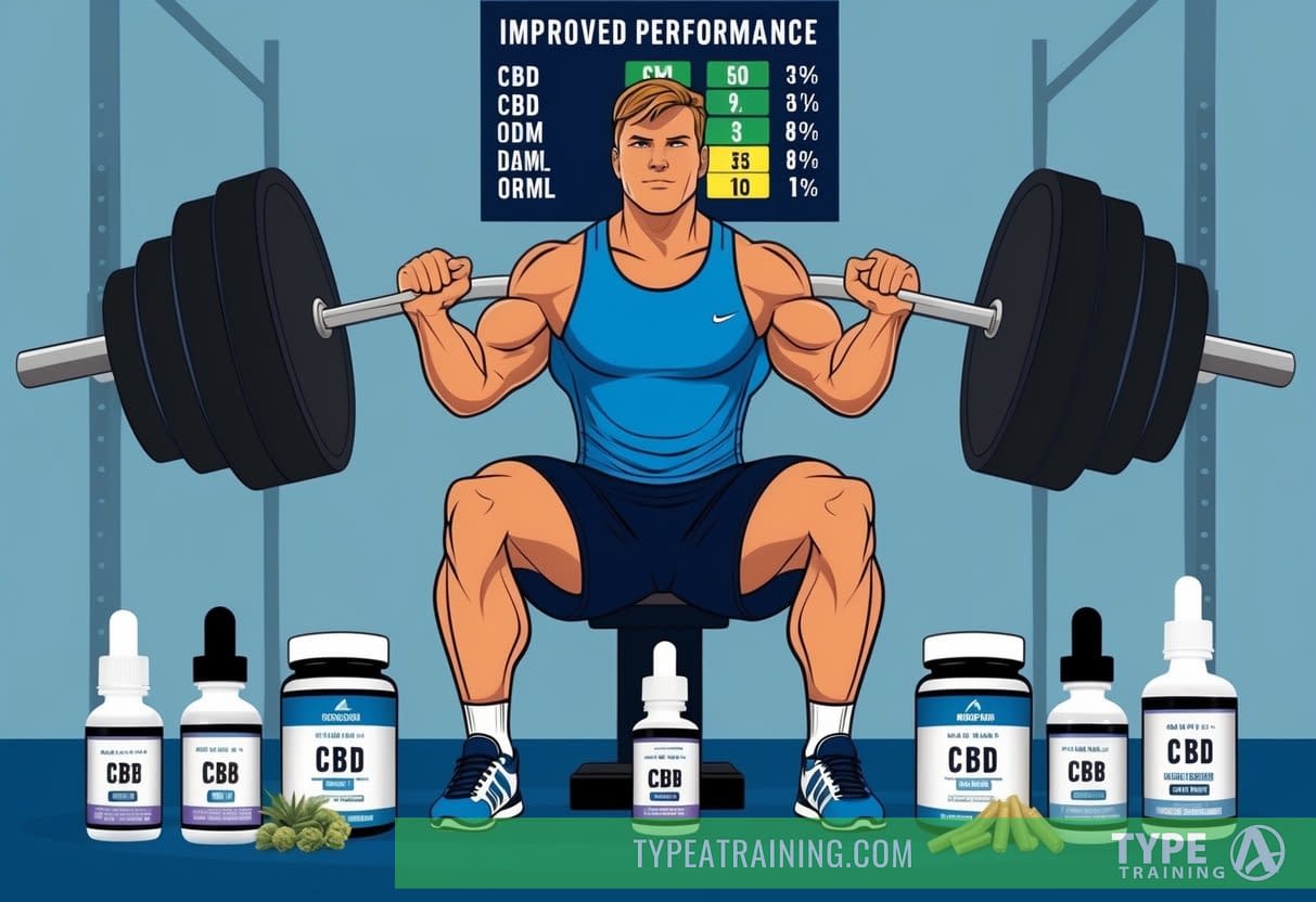 A professional athlete lifting weights in a gym, surrounded by various CBD products and supplements. A scoreboard in the background shows improved performance metrics