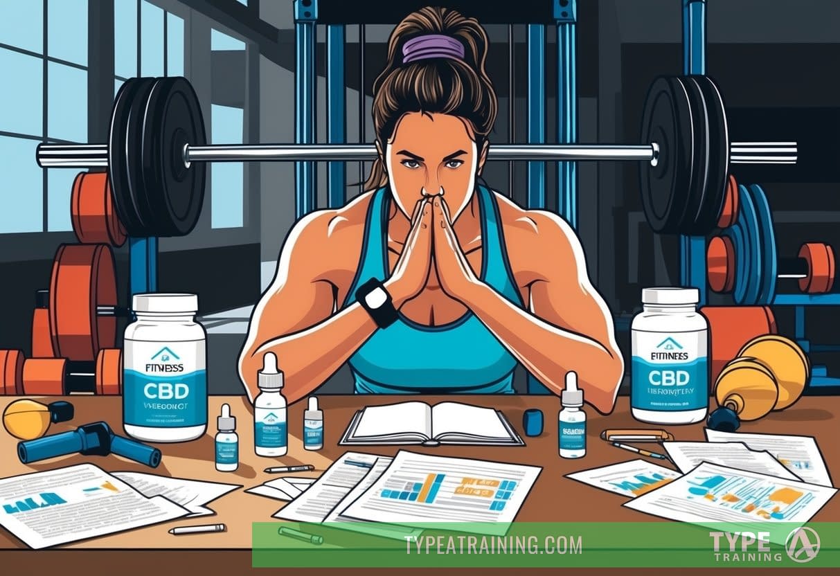 A fitness enthusiast surrounded by workout equipment, with CBD products and research papers scattered on a table