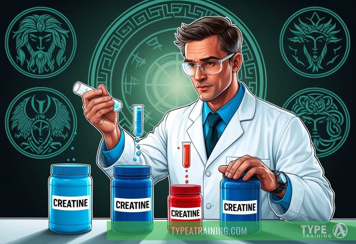 A scientist conducting experiments on containers of creatine with various myth-related symbols in the background
