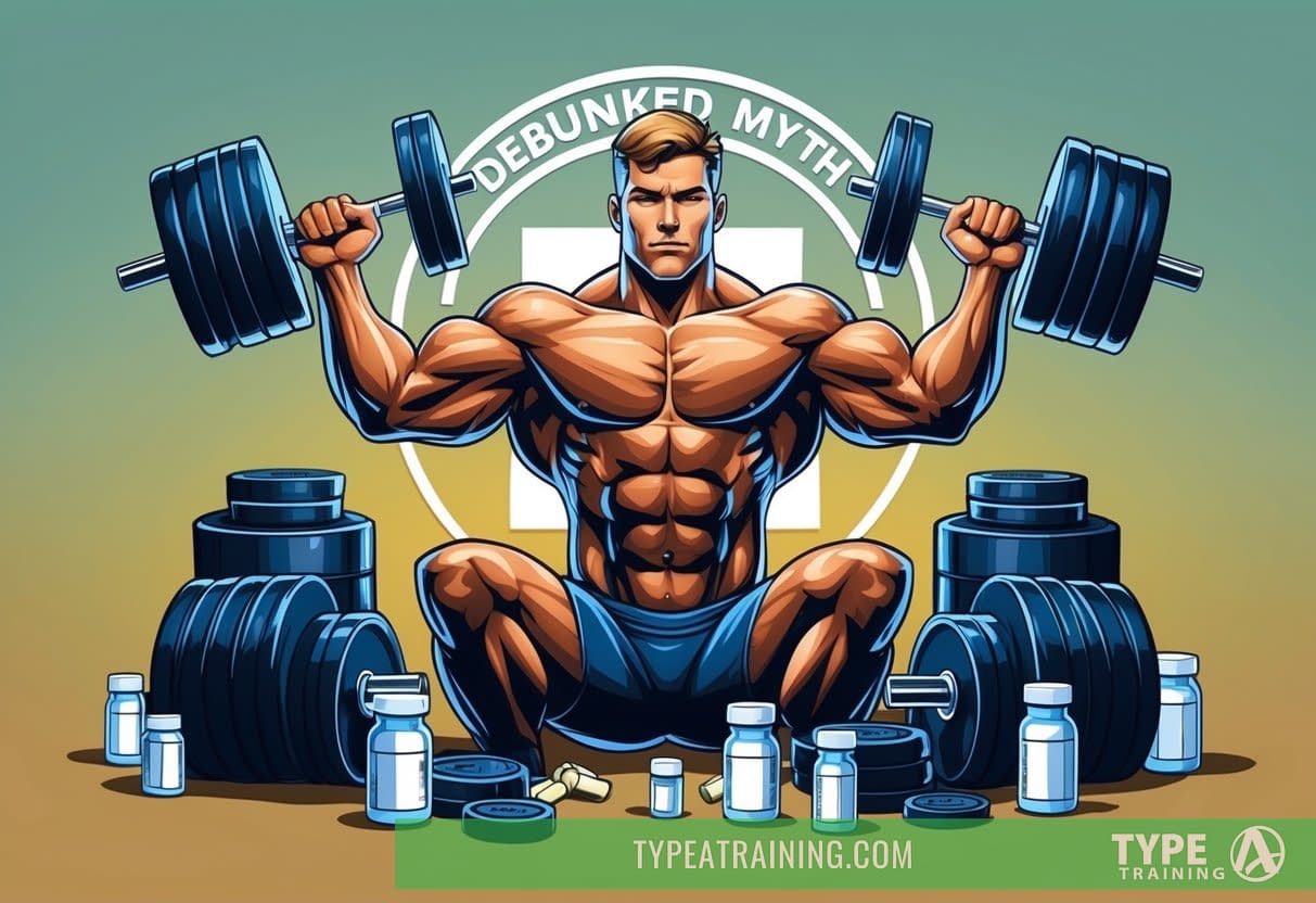 A muscular figure surrounded by weights and supplements, with a debunked myth symbol in the background