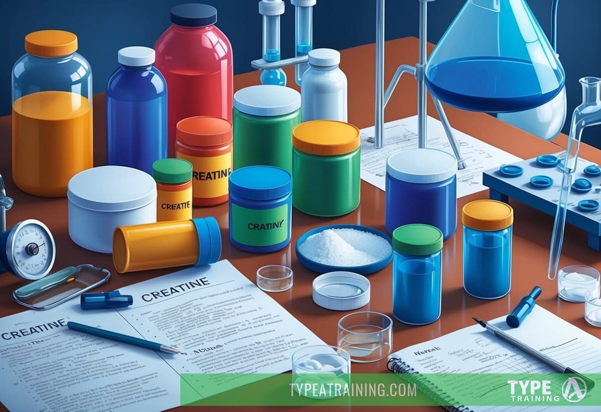 A laboratory table with various containers of creatine, scientific equipment, and research notes scattered around