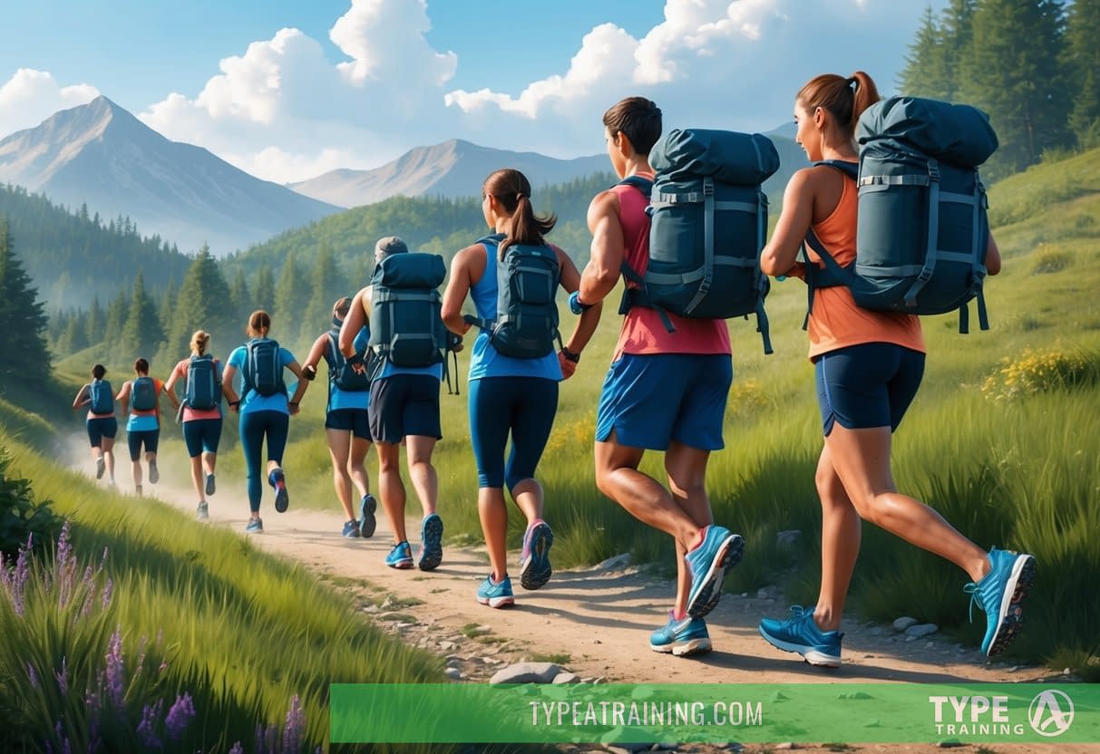 A group of people rucking through a scenic outdoor trail, carrying weighted backpacks and sweating as they push themselves to achieve their fitness goals