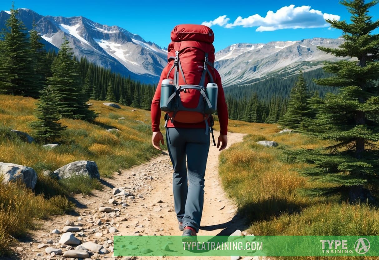 A person carrying a weighted backpack while walking on a trail