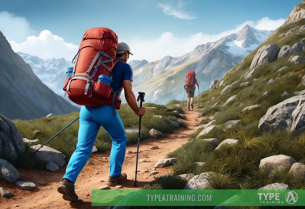 A hiker trekking through rugged terrain with a weighted backpack