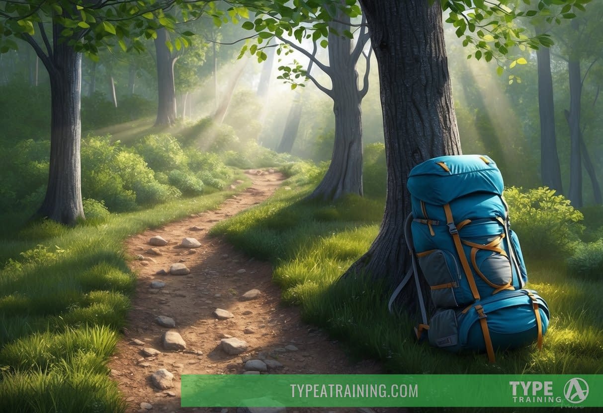 A rugged trail winds through a serene forest, with a weighted backpack resting against a tree. The sun filters through the leaves, casting dappled shadows on the ground